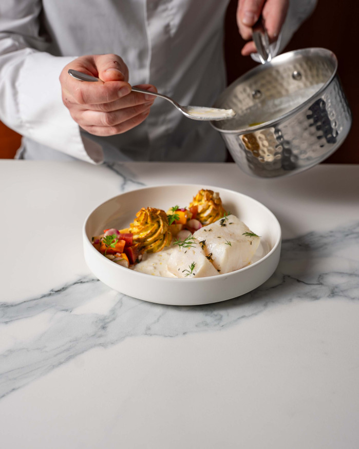 Skrei meunière, beurre blanc au champagne 